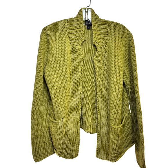 Eileen Fisher Cotton Cardigan Sweater Open Front Women's XS Chartreuse 2 Pockets - Picture 1 of 4